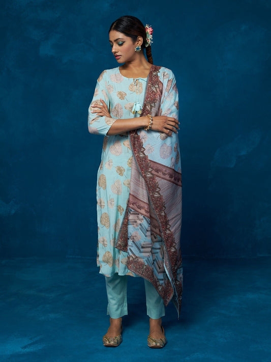 Likha Blue Printed Kurta, Pant & Dupatta LIKSKD210 (Set of 3)