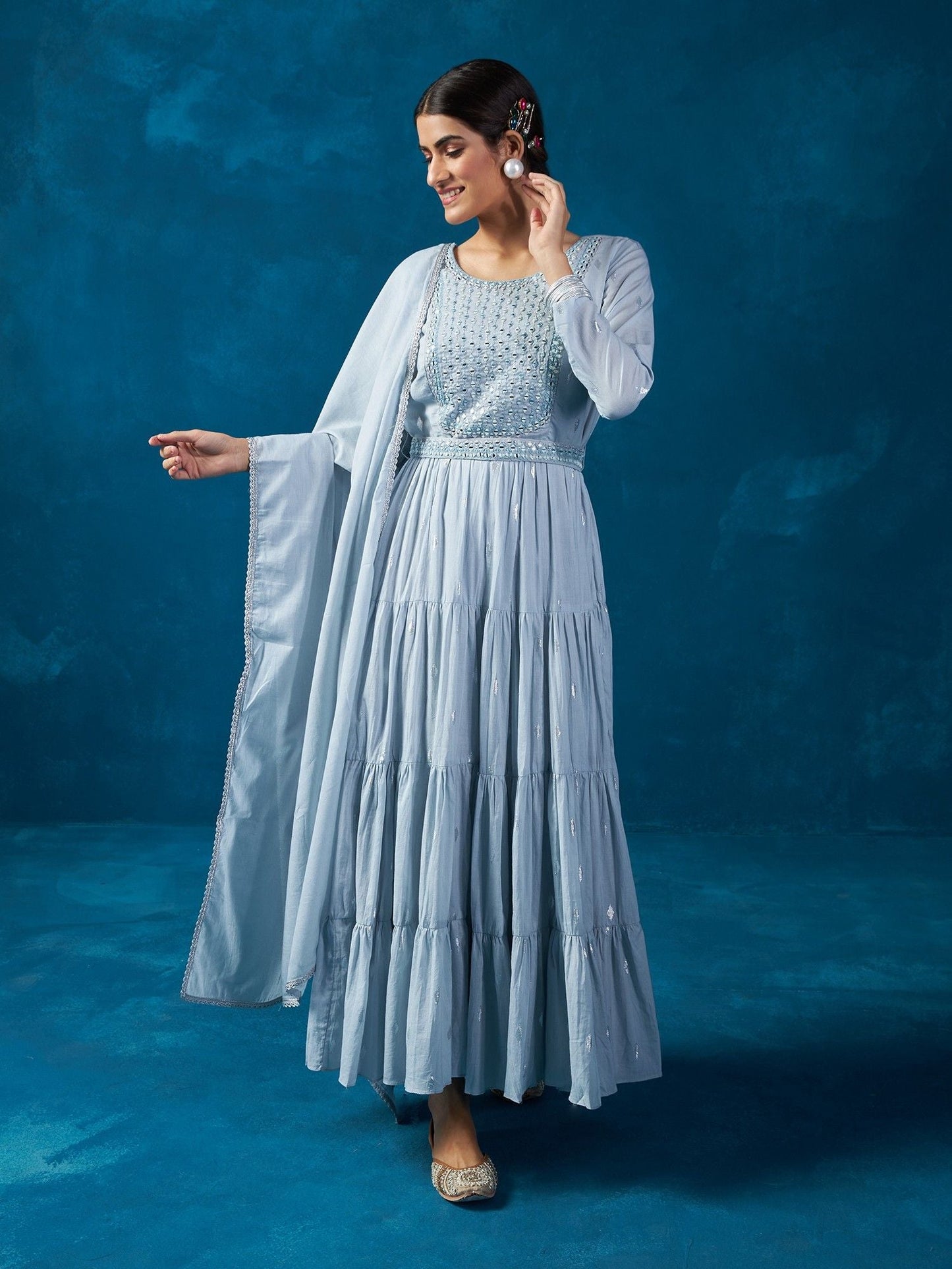 Likha Blue Hand Mirror Work Tiered Maxi Dress, Dupatta With Belt LIKSKD117 (Set of 3)