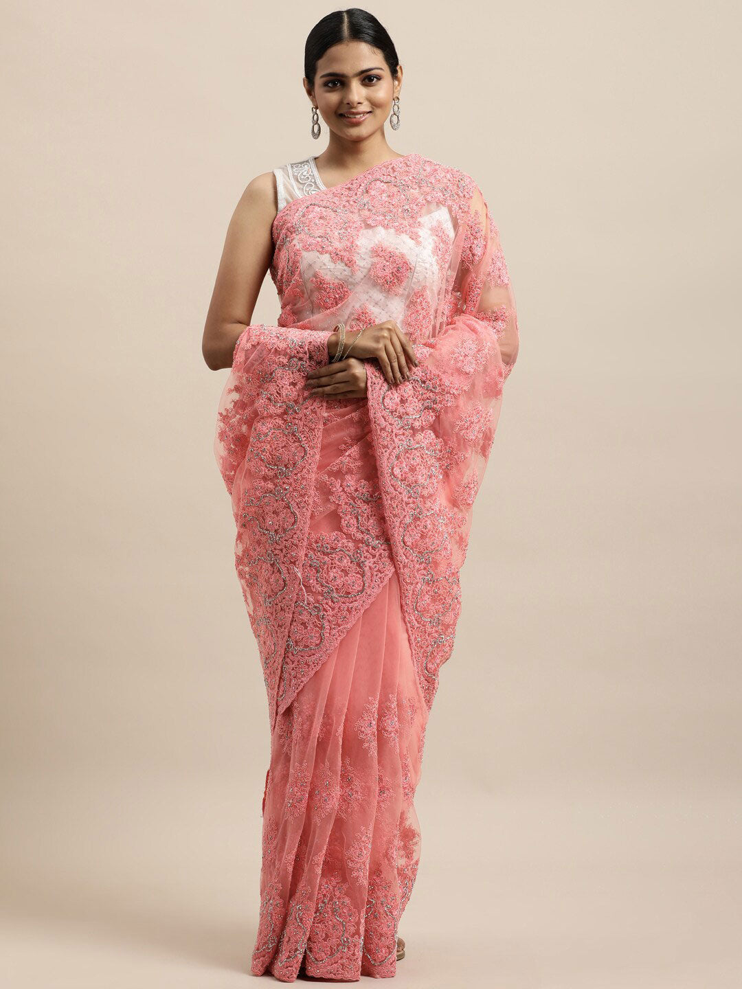 Kasee Pink Floral Embroidered Net Saree