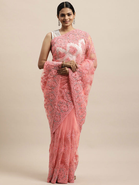 Kasee Pink Floral Embroidered Net Saree