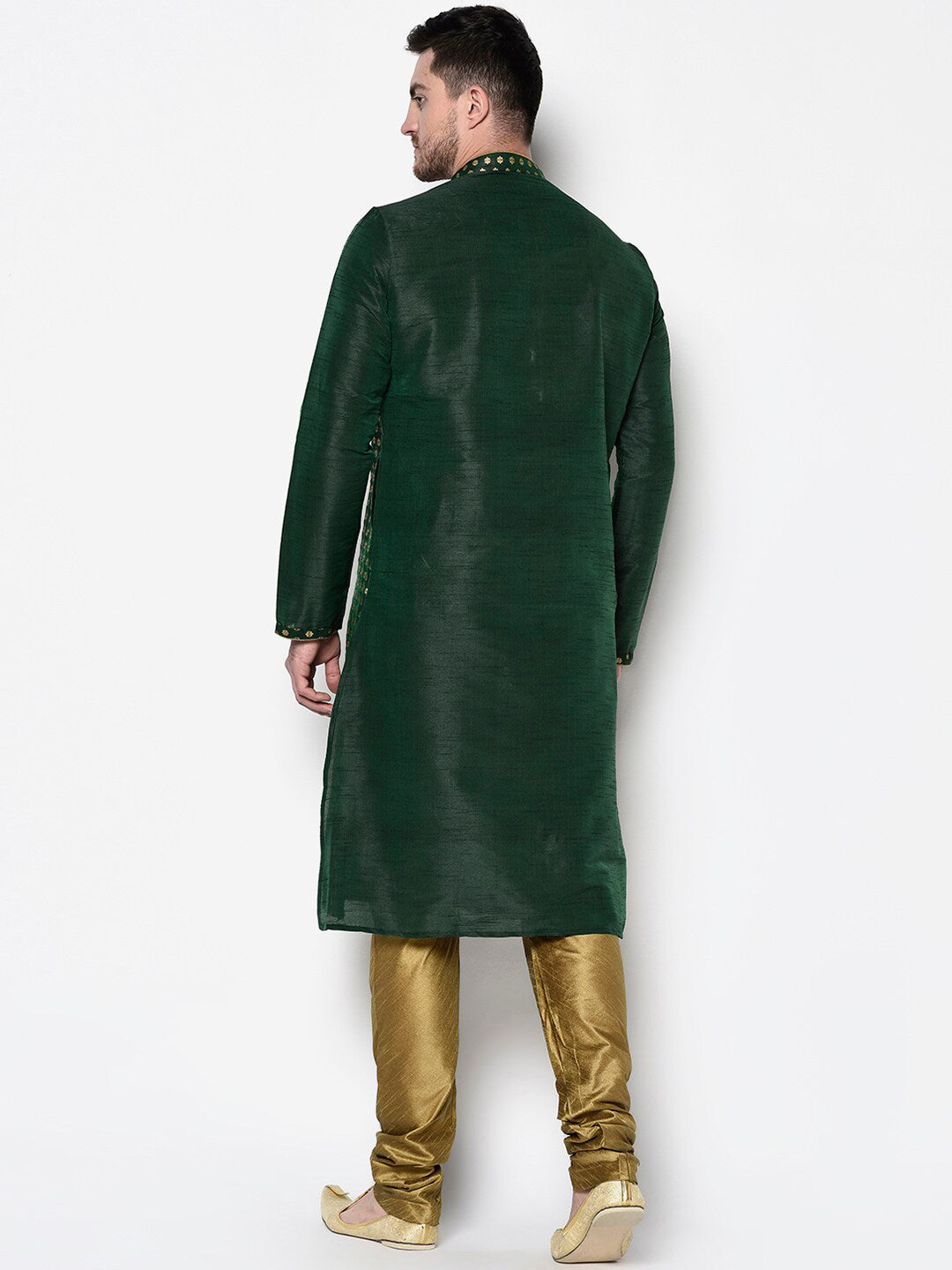 Deyann Men Green & Golden Floral Thread Work Floral Mandarin Collar Kurta