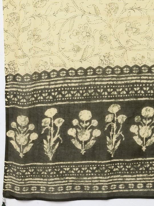 Here&now Women Yellow Ethnic Motifs Printed Pleated Pure Cotton Kurti with Trousers & With Dupatta