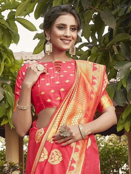 Saree mall Red & Gold-Toned Ethnic Motifs Zari Silk Blend Bagh Sarees