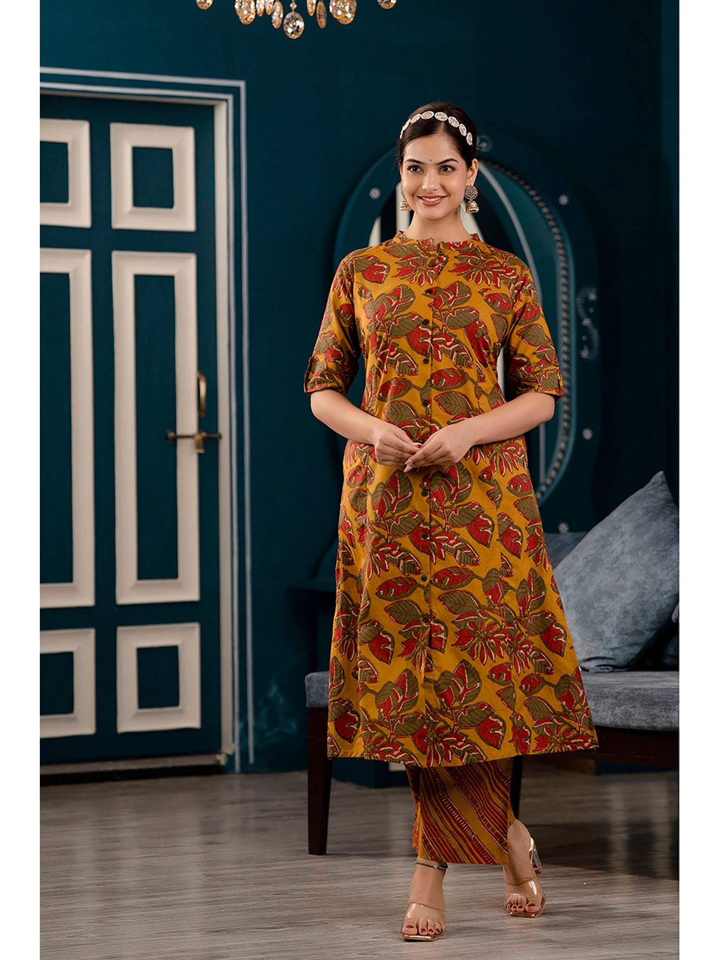 PIROH Womens Cotton Floral Print A-line Kurta Pant - Mustard (Set of 2)