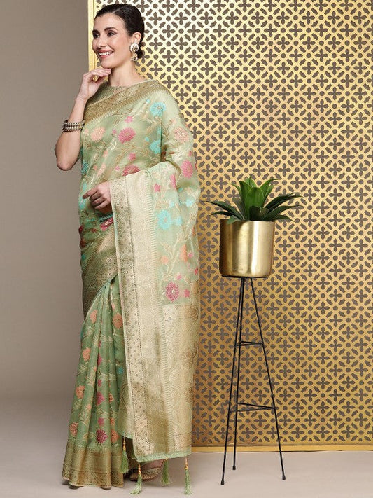 House of Pataudi Woven Design Floral Zari Organza Banarasi Saree