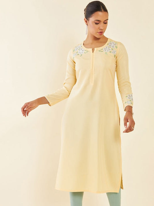 Soch Light Yellow Floral Embroidered Notched Neck Kurta