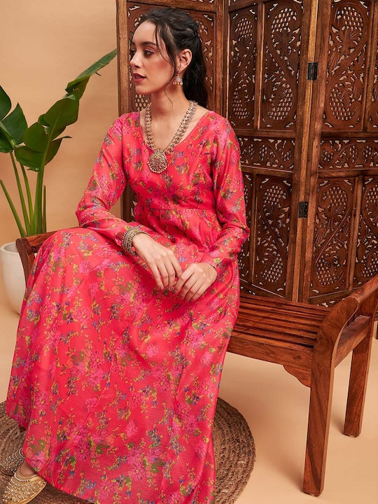 Shae by Sassafras Pink & Yellow Floral Printed Chanderi Silk Anarkali Kurta
