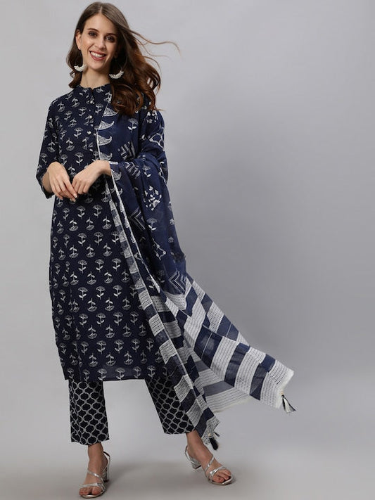 Anubhutee Women Navy Blue & White Floral Printed Kurta With Trousers & Dupatta