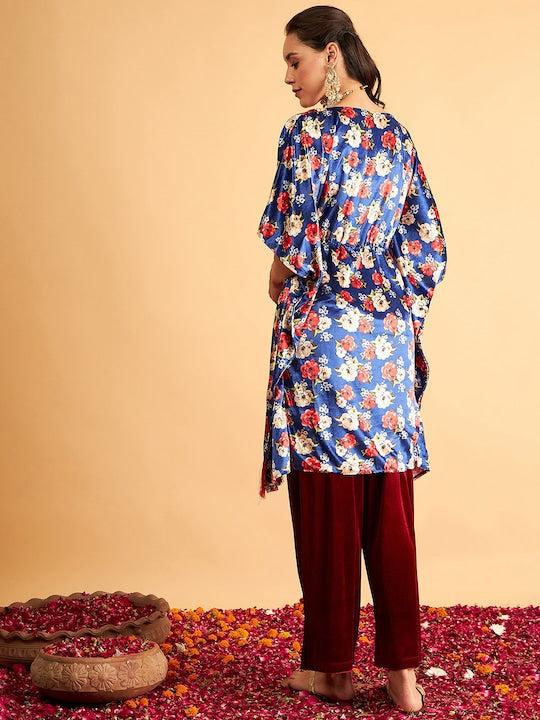 Shae by Sassafras Floral Printed Velvet High Low Kaftan Kurta