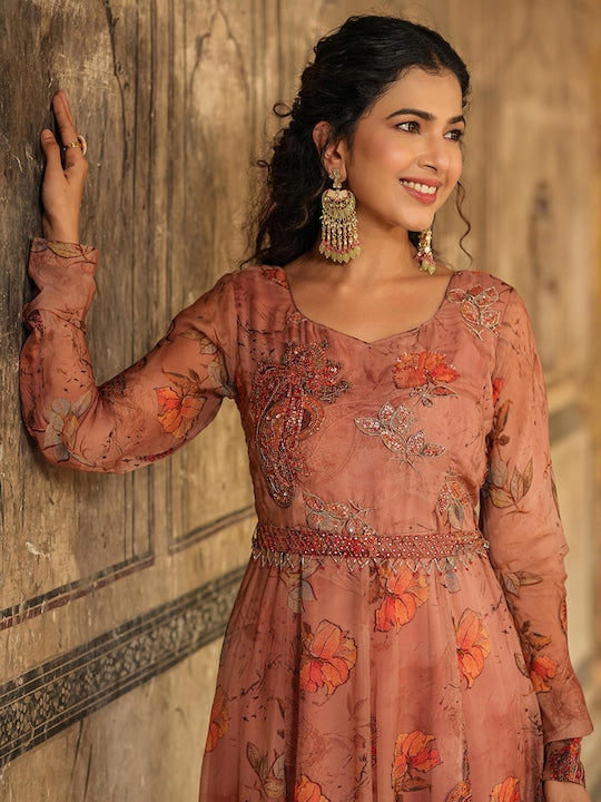 Scakhi Floral Printed Silk Maxi Ethnic Dress With Belt