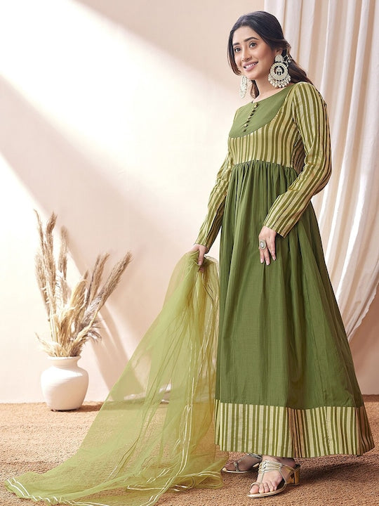 Mitera Green Striped Gotta Patti Regular Kurta With Trousers & Dupatta
