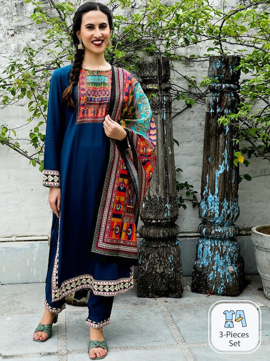 AKS Couture Ethnic Motifs Printed Straight Kurta with Trousers & Dupatta