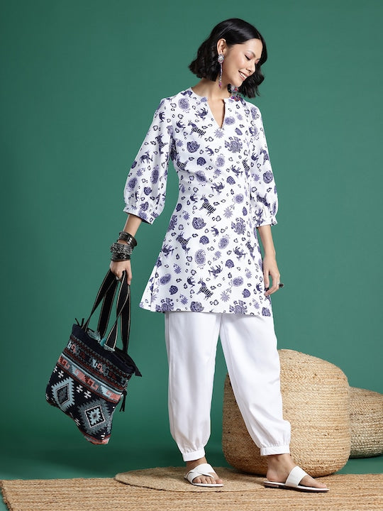 Sangria Ethnic Motifs Printed Puff Sleeves Kurta with Salwar