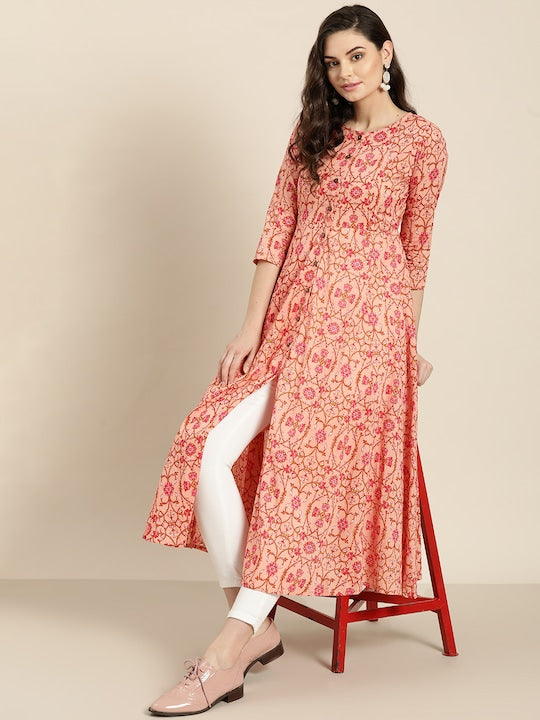 Shae by Sassafras Women Peach-Coloured & Pink Printed Anarkali Kurta