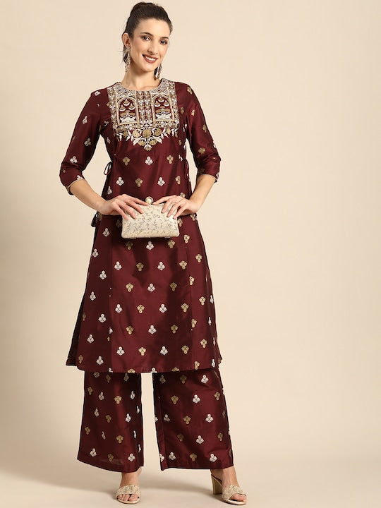 All about you Women Maroon Ethnic Motifs Printed Regular Kurta with Palazzos