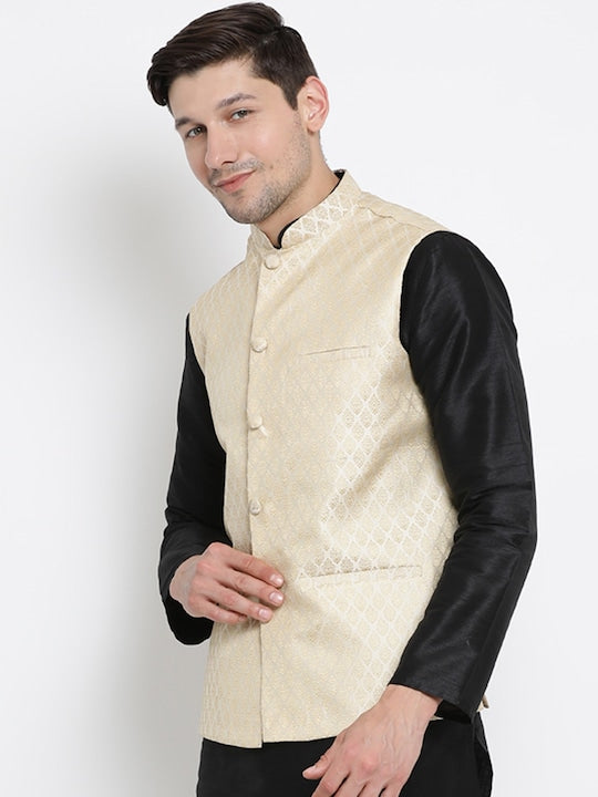 Vastramay Men Cream-Coloured Woven Design Nehru Jacket