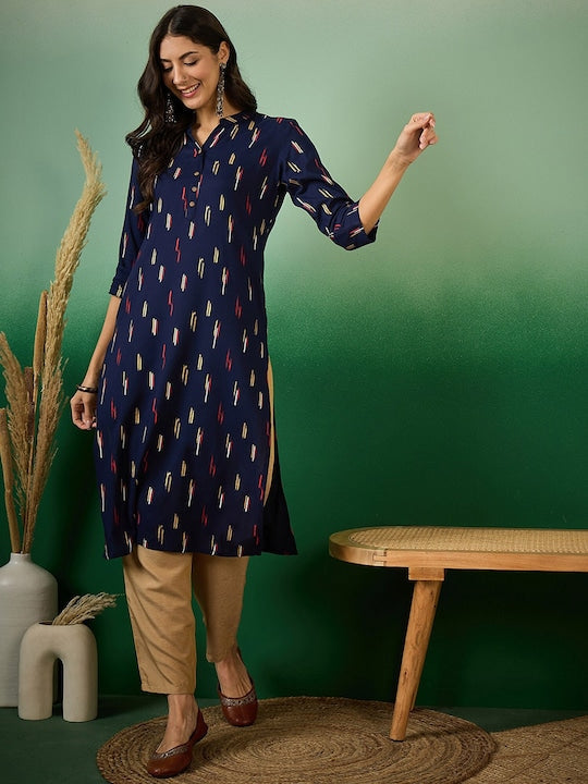 Sangria Abstract Printed Mandarin Collar Cotton Straight Kurta