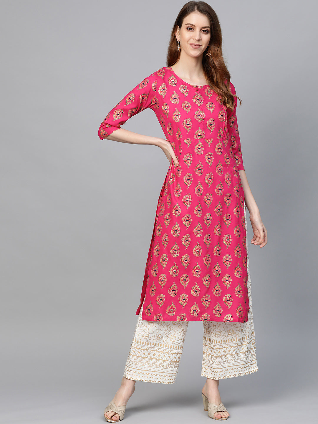Anubhutee Women Pink & Off White Printed Kurta with Palazzos