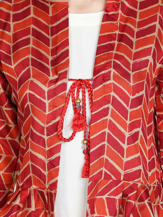 Fabclub Women White & Red Kurta With Pleated Jacket Kurta