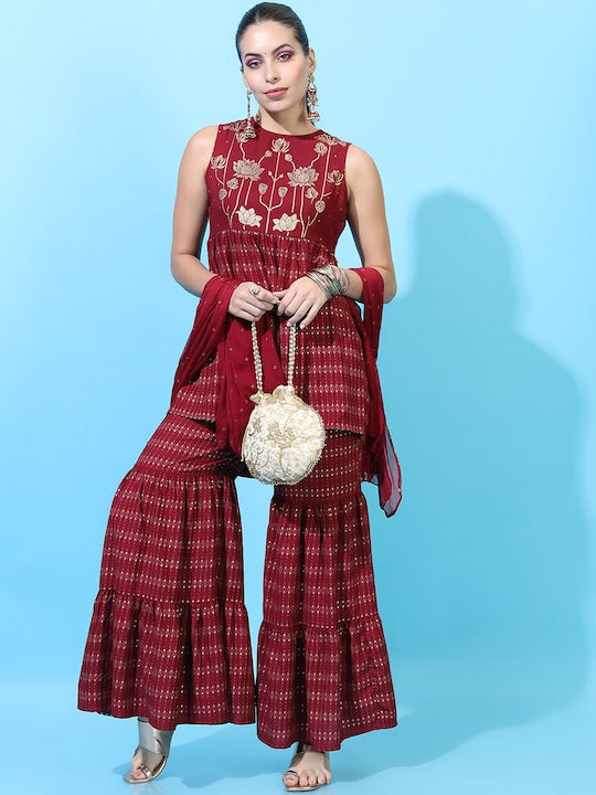 Vishudh Women Red Floral Embroidered Panelled Kurti with Sharara & With Dupatta