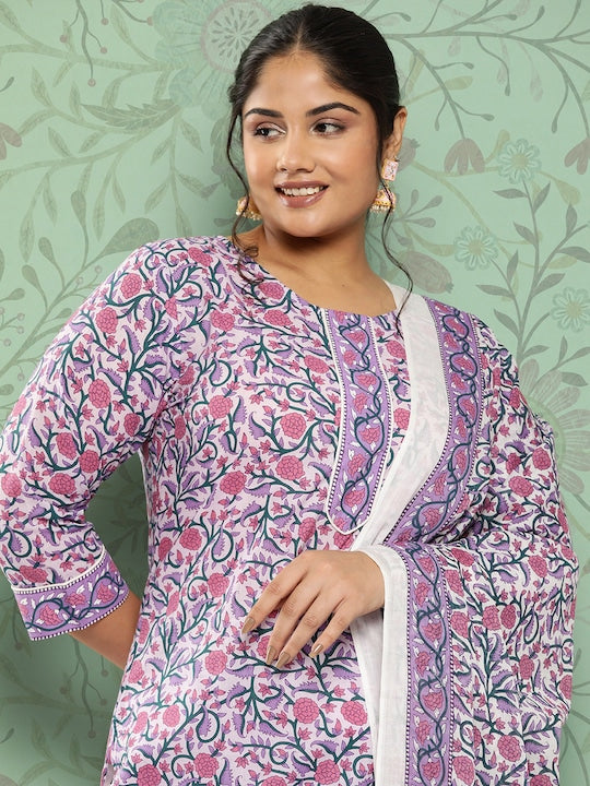 Yufta Plus Size Ethnic Motifs Printed Pure Cotton Kurta with Trousers & With Dupatta