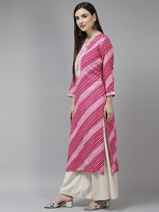 Yufta Women Pink & White Striped Embroidered Kurta