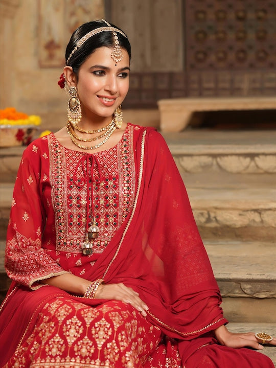 Scakhi Women Red Ethnic Motifs Printed Empire Gotta Patti Kurta with Trousers & With Dupatta