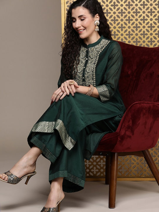 House of Pataudi Women Jashn Paisley Yoke Design Zari Work Regular Kurta With Palazzos