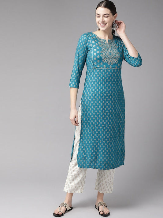 Yufta Women Teal Blue & Golden Printed Kurta with Trousers - S