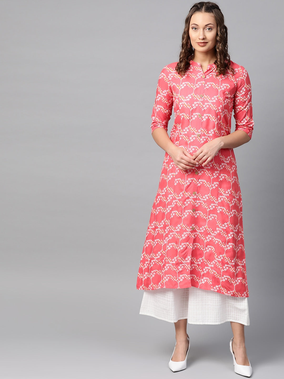Anubhutee Women Coral Pink & White Printed Kurta with Palazzos