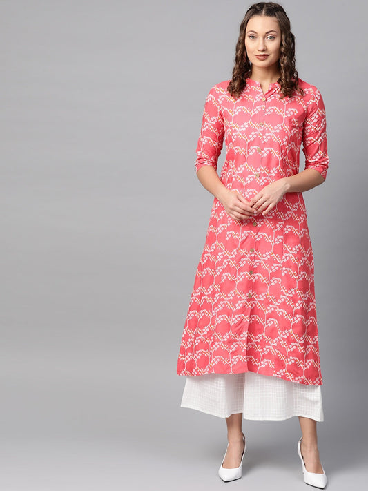 Anubhutee Women Coral Pink & White Printed Kurta with Palazzos