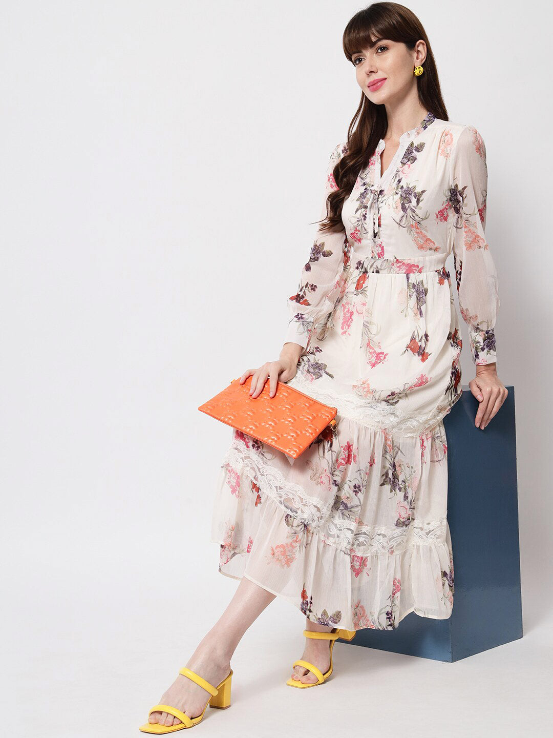 Here&now Off White & Red Floral Tie-Up Neck Layered Chiffon A-Line Midi Dress