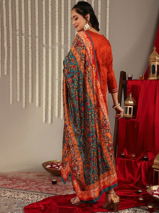 Varanga Women Rust Yoke Design Kurta with Trousers & With Dupatta