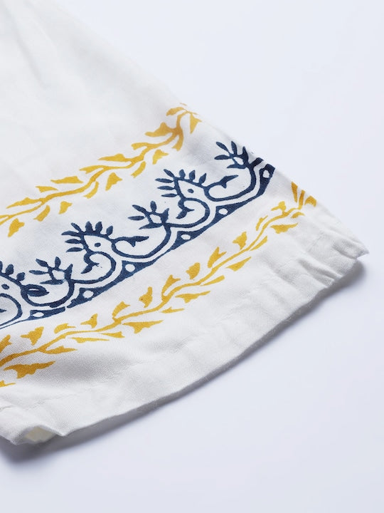 Yufta Women Navy Blue & Mustard Yellow Floral Printed Pure Cotton Kurta with Palazzos White