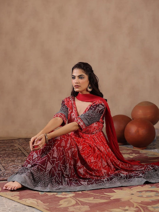 Scakhi Bandhani Printed V-Neck Mirror Work Kurta with Trousers & Dupatta