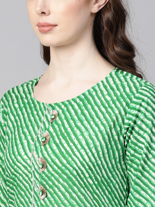 Yufta Women Green & Off-White Leheriya Dyed Straight Kurta Green