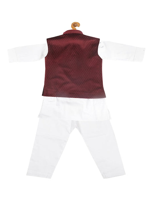 Vastramay Sishu Infant Boys White & Maroon Cotton Blend Polka Dot Printed Kurta & Pyjamas With Nehru Jacket