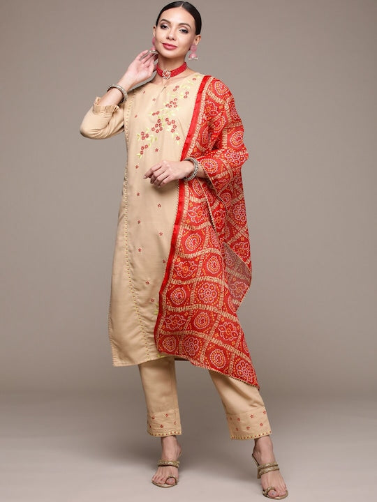 Anubhutee Floral Embroidered Pure Cotton Kurta with Trousers & Dupatta