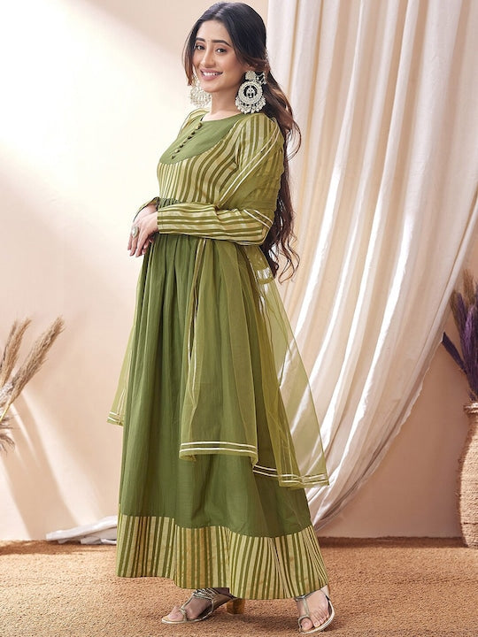 Mitera Green Striped Gotta Patti Regular Kurta With Trousers & Dupatta
