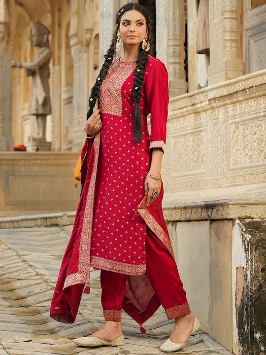 Scakhi Ethnic Motifs Printed Zari Pure Silk Kurta with Trousers & Dupatta