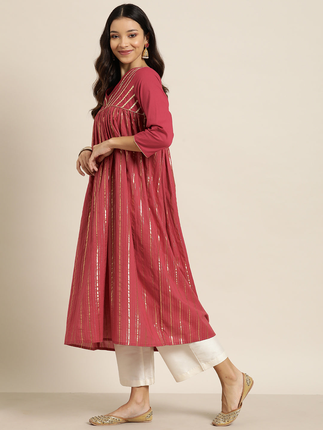 Here&now Women Striped Gotta Patti Empire Kurta