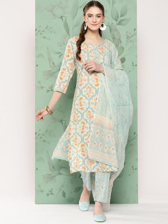 Yufta Floral Printed Sequinned Pure Cotton Kurta with Trousers & With Dupatta