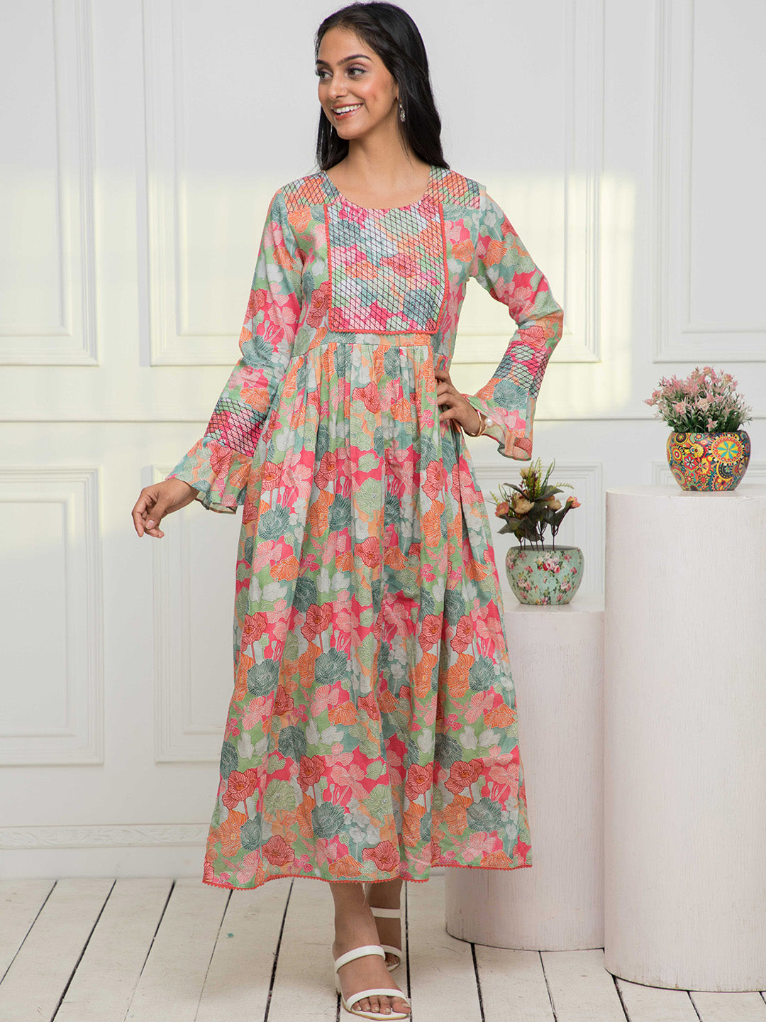 Myshka Floral Printed Bell Sleeves Anarkali Kurta