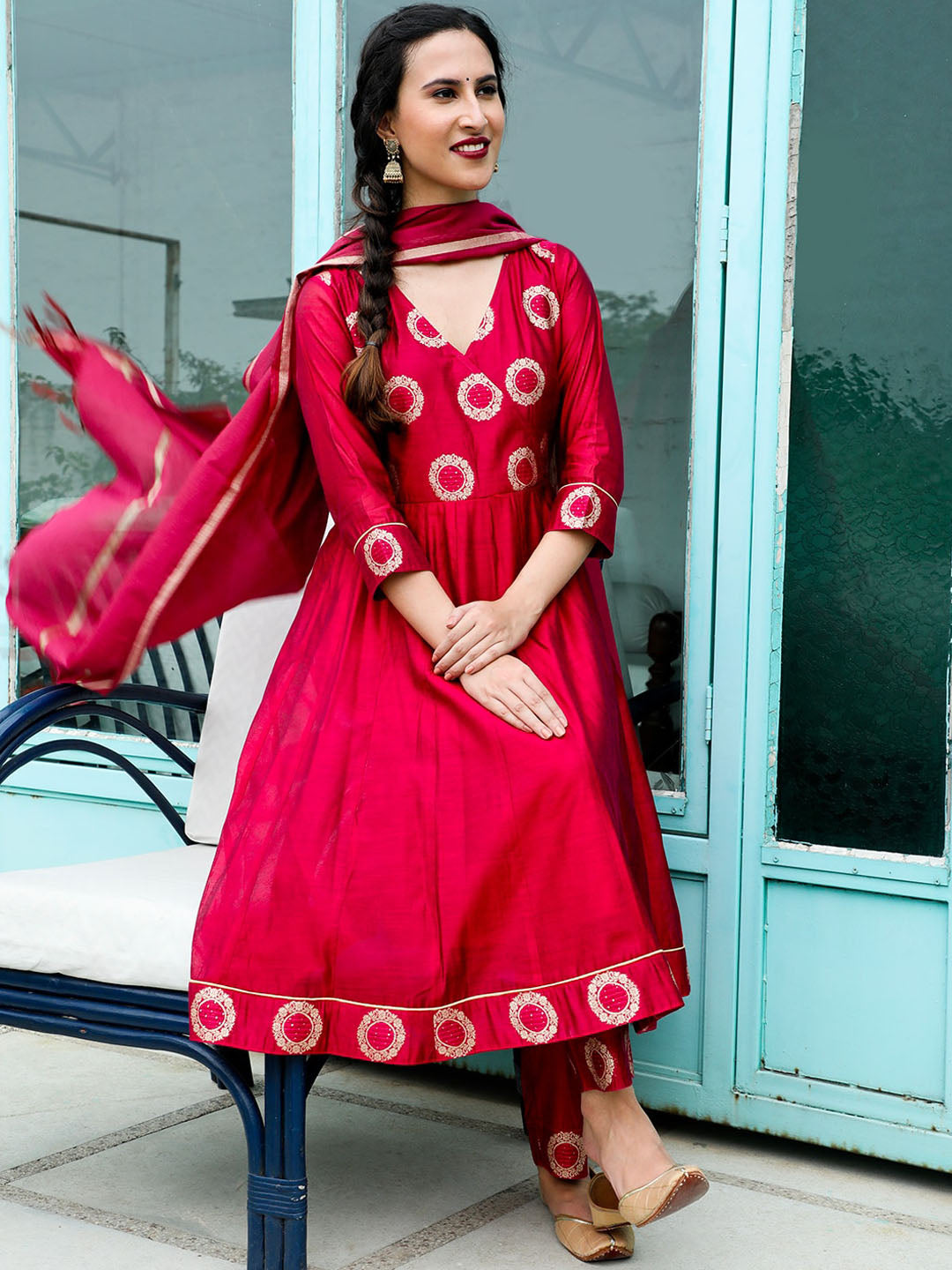AKS Couture Woven Design Anarkali Kurta With Trousers & Dupatta