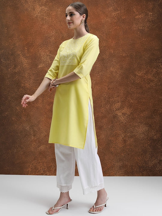 Vishudh Yellow Floral Yoke Design Thread Work Straight Kurta