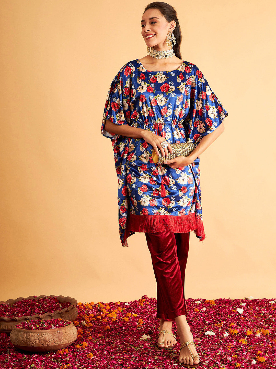 Shae by Sassafras Floral Printed Velvet High Low Kaftan Kurta