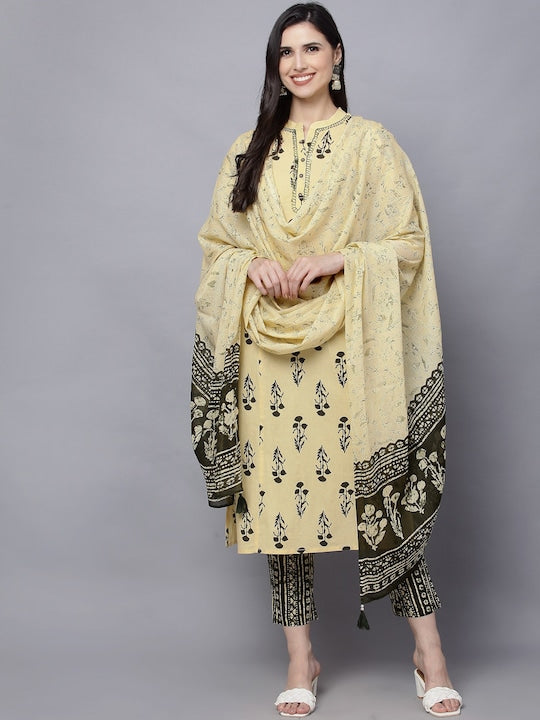 Here&now Women Yellow Ethnic Motifs Printed Pleated Pure Cotton Kurti with Trousers & With Dupatta