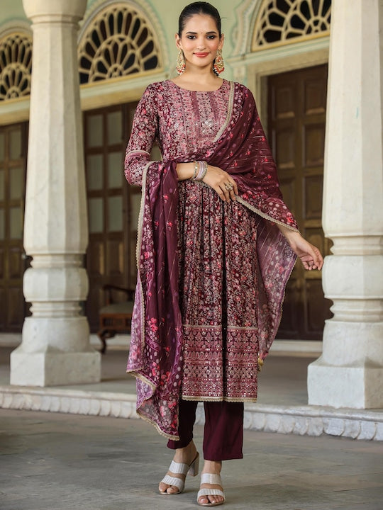 Scakhi Floral Printed Pleated Mirror Work Chanderi Silk Kurta With Trousers & Dupatta