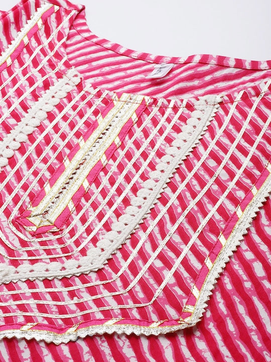 Yufta Women Pink Leheriya Printed Gotta Patti Kurta