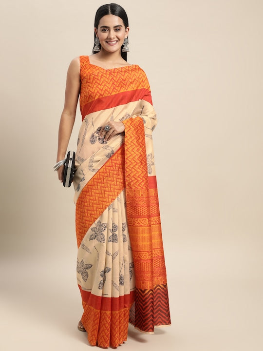 Saree mall Cream-Coloured & Orange Floral Printed Taant Sarees